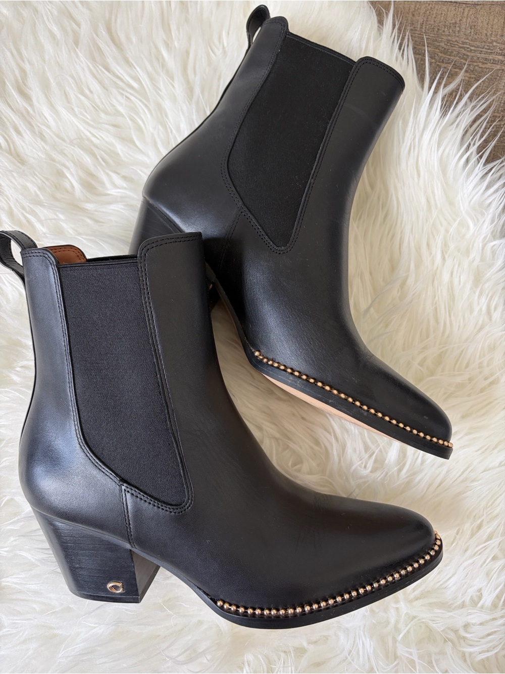 Coach Black Leather Chelsea Ankle Boots with Studded Trim